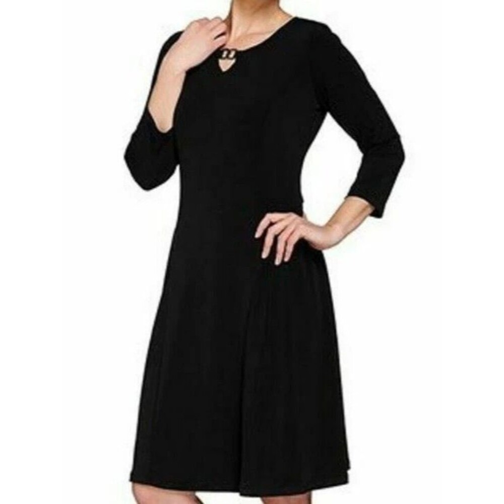 Susan Graver Liquid Knit Dress Womens XS Black Enamel Detail 3/4 Sleeve LBD